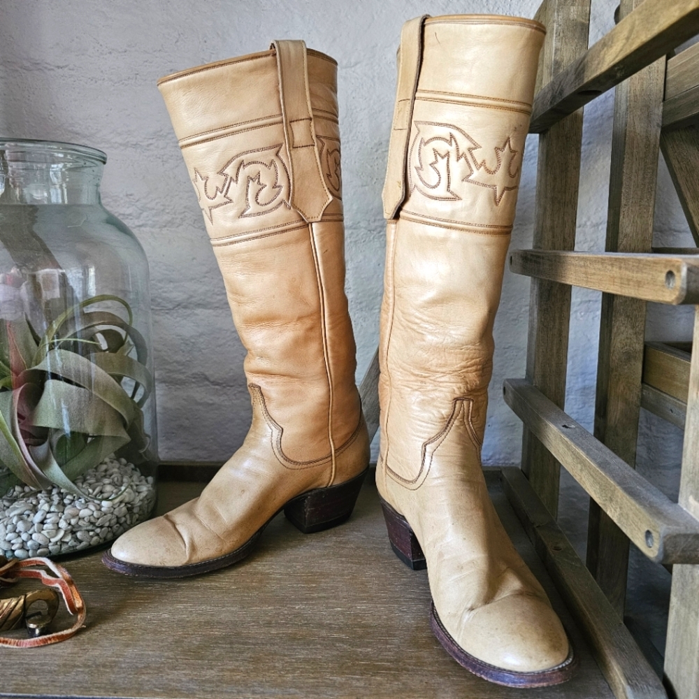 VTG Larry Mahan Tall Leather Western Boots Untouched Patina Made in Texas Sz 7 - Picture 10 of 12